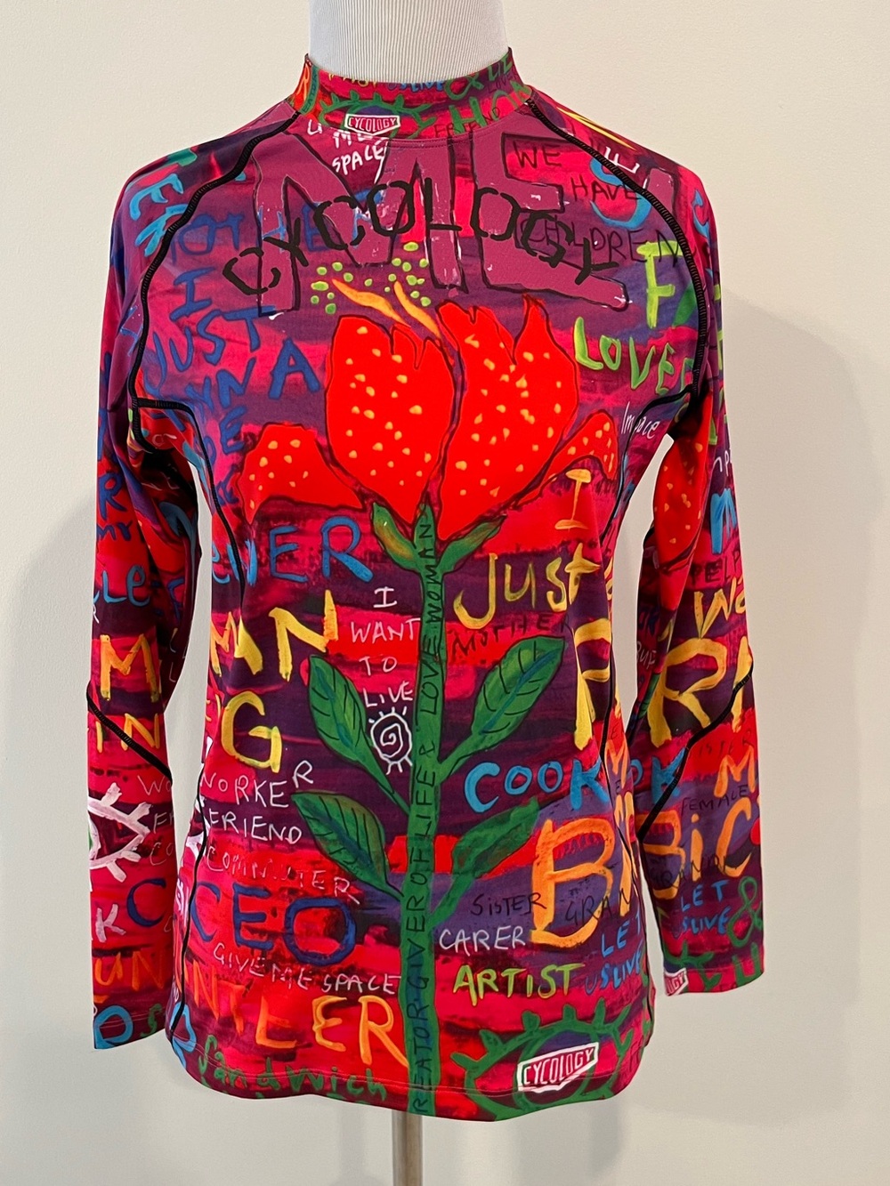Cycology SEE ME Red Floral Graphic Long Sleeve Base Layer Shirt Womens XL